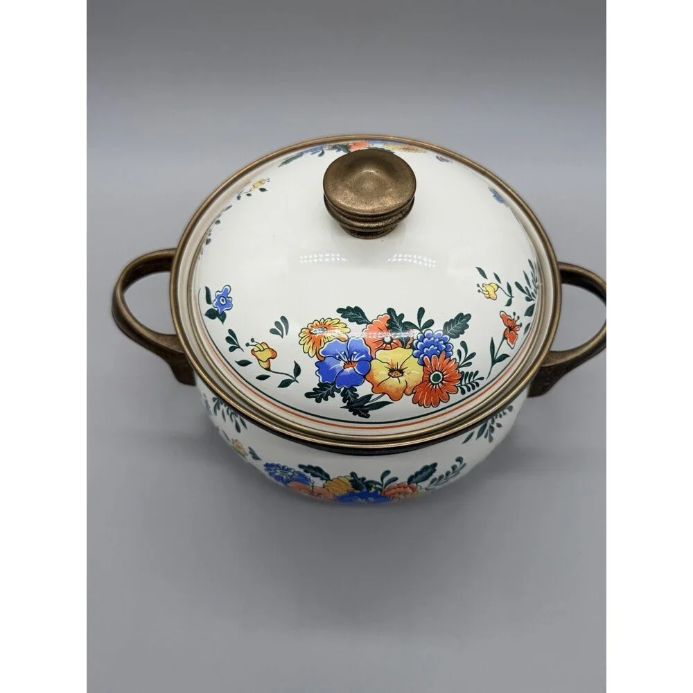 Vintage 1983 Kamenstein Enamelware Dutch Oven Cookware Floral 2 Qt Brass Handles